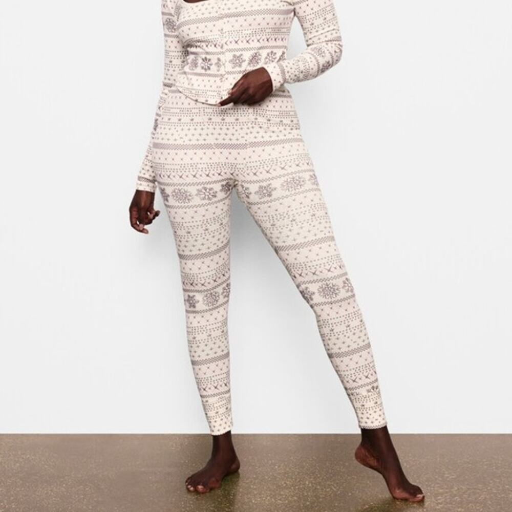 SKIMS Logo Plush Pointelle Legging Womens L Cream Fair Isle High-rise Slim Ankle